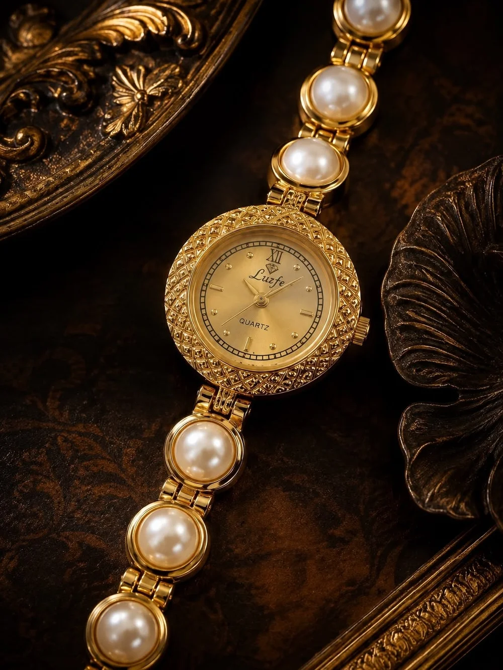 Luxe Gold Pearl-Accented Bracelet Watch - Gold and White